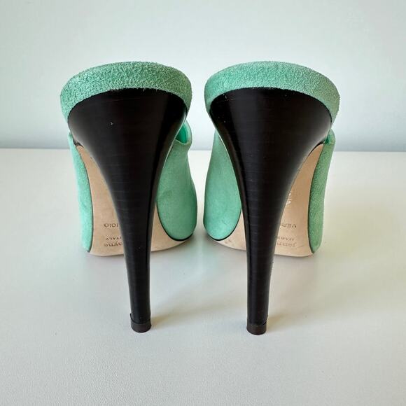 Jenni Kayne Green Suede Peep Toe Mule Heels Size 37 - Picture 8 of 14